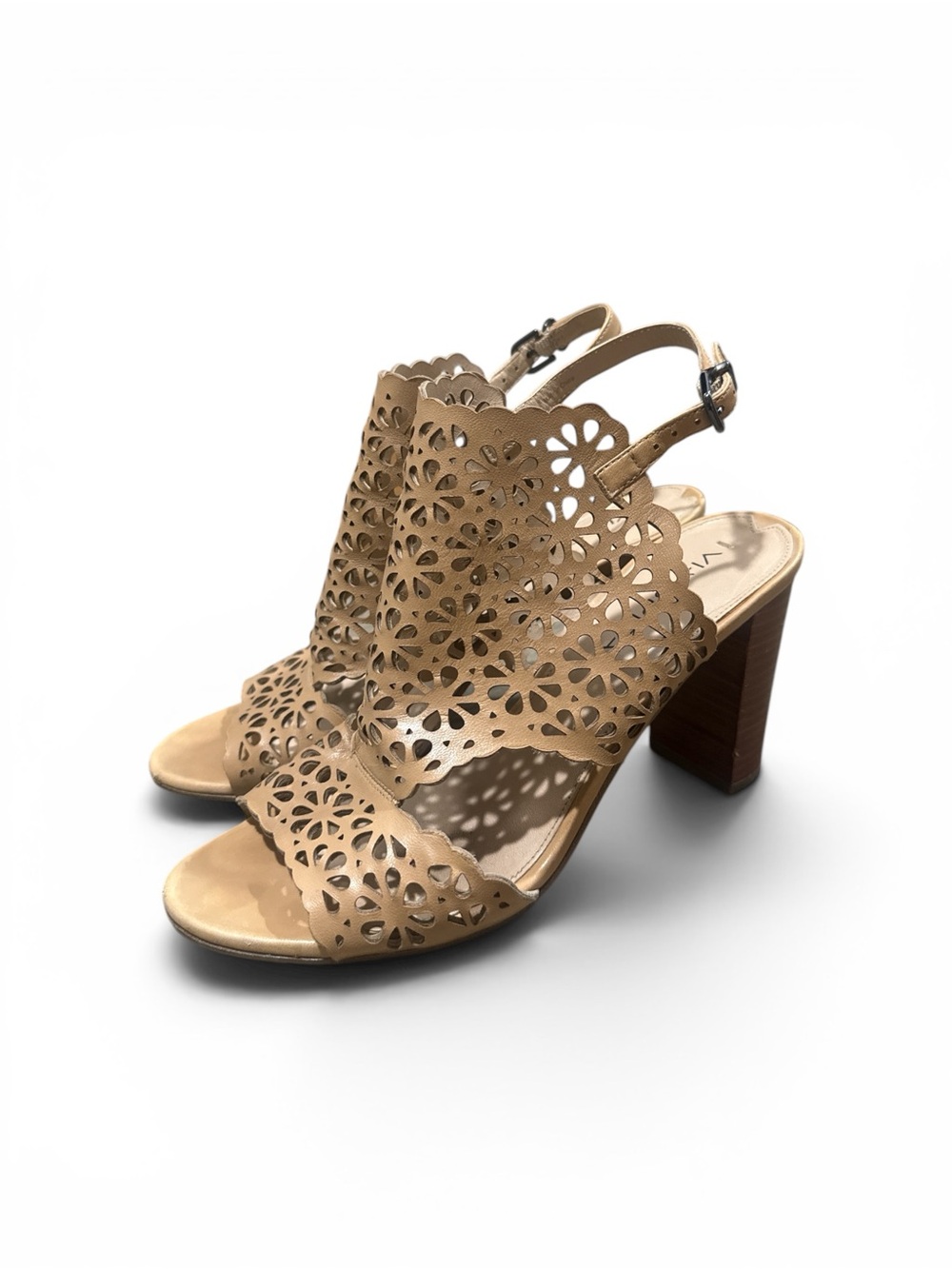 Via Spiga Tan Laser-Cut Slingback Block Heel Sandals